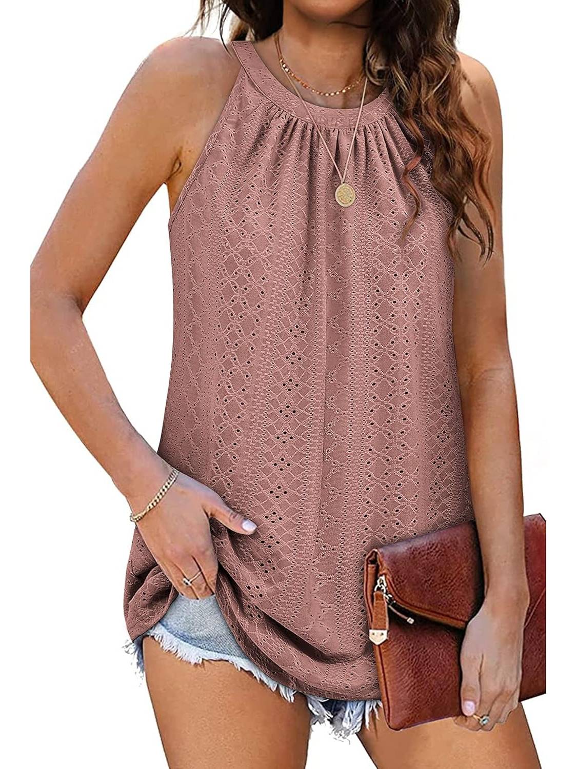 Women Casual Pleated Eyelet Loose Fit High Neck Sleeveless Halter Tank Tops
