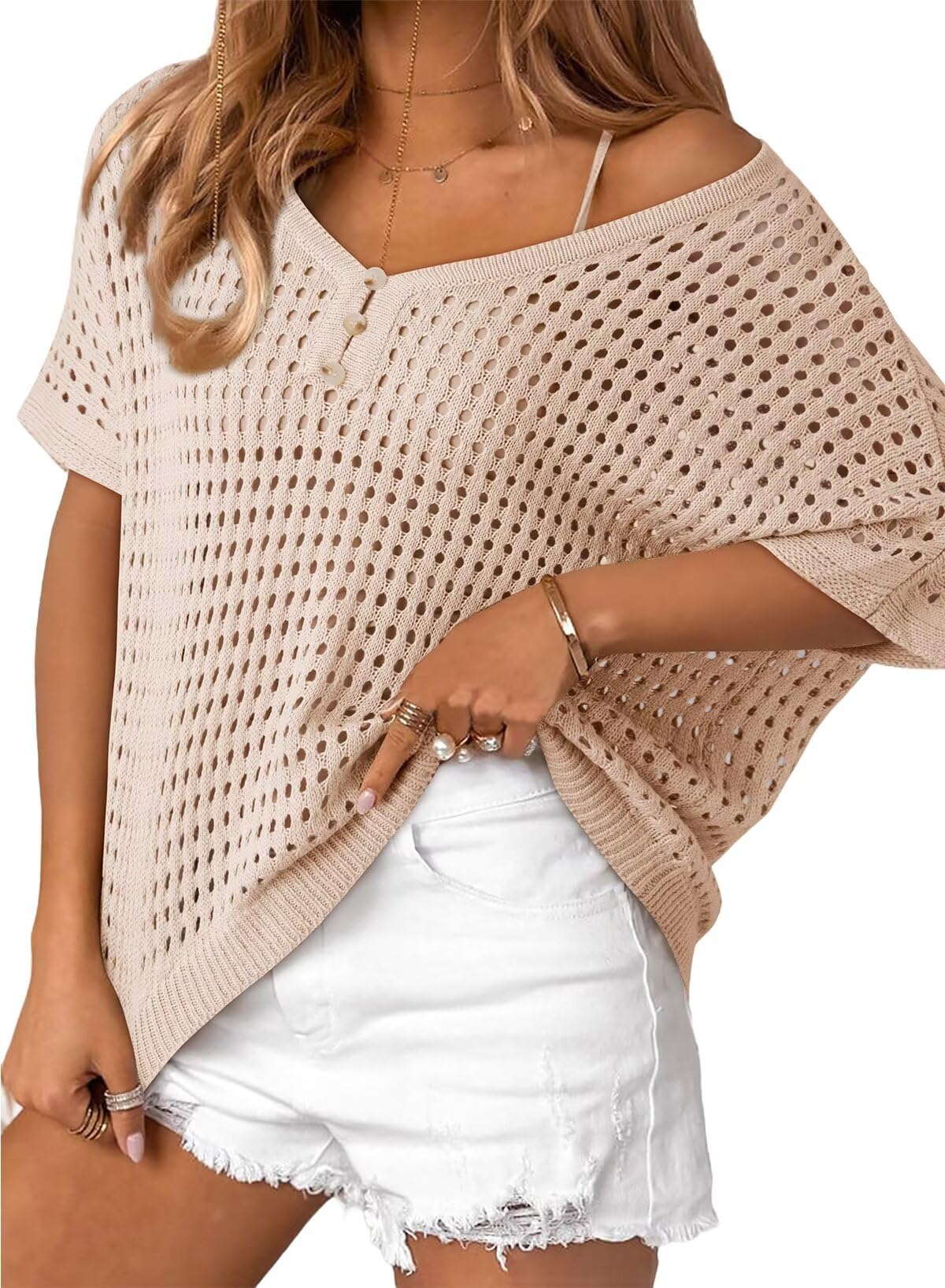 Womens Summer V Neck Short Sleeve Button Down Sweater Casual Crochet Hollow Out Knit Tops Beach Coverup (Buy 2 Free Shipping!!!)