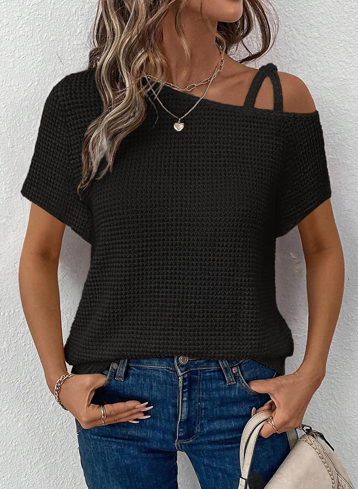 Women's Summer Off-Shoulder Waffle Knit Short Sleeve Top (Buy 2 Free Shipping!!!)