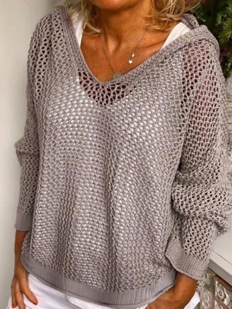 Women's Solid Hollow Out Sheer Hooded Sweater (Buy 2 Free Shipping!!!)
