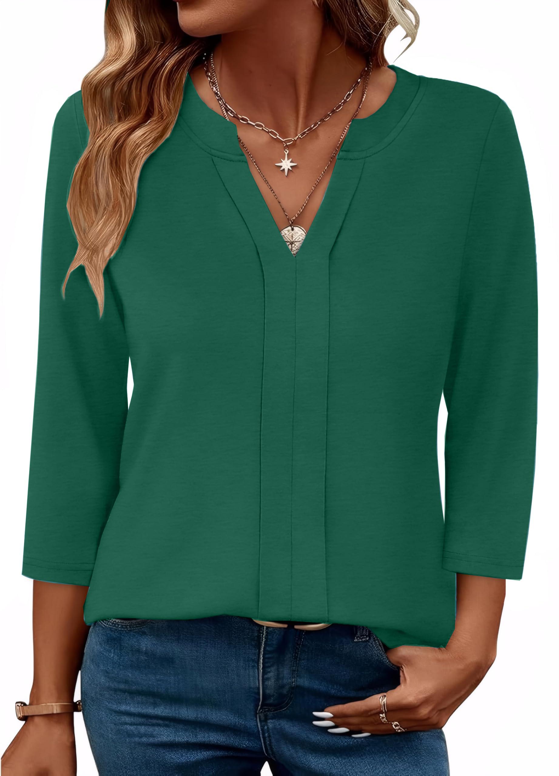 Womens 3/4 Length Sleeve Tops V Neck Pleated Work Blouses(buy 3 free shipping)