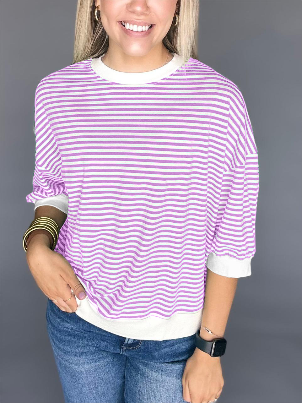 Women's Casual Crew Neck Stripe Short Sleeve Top🔥Buy 2 Free Shipping