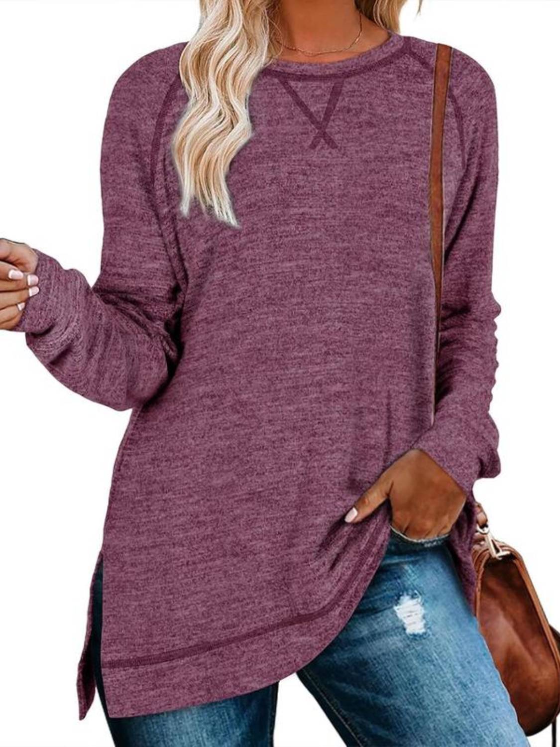 Women Fall Side slit Long Sleeve Shirts Tunic Tops