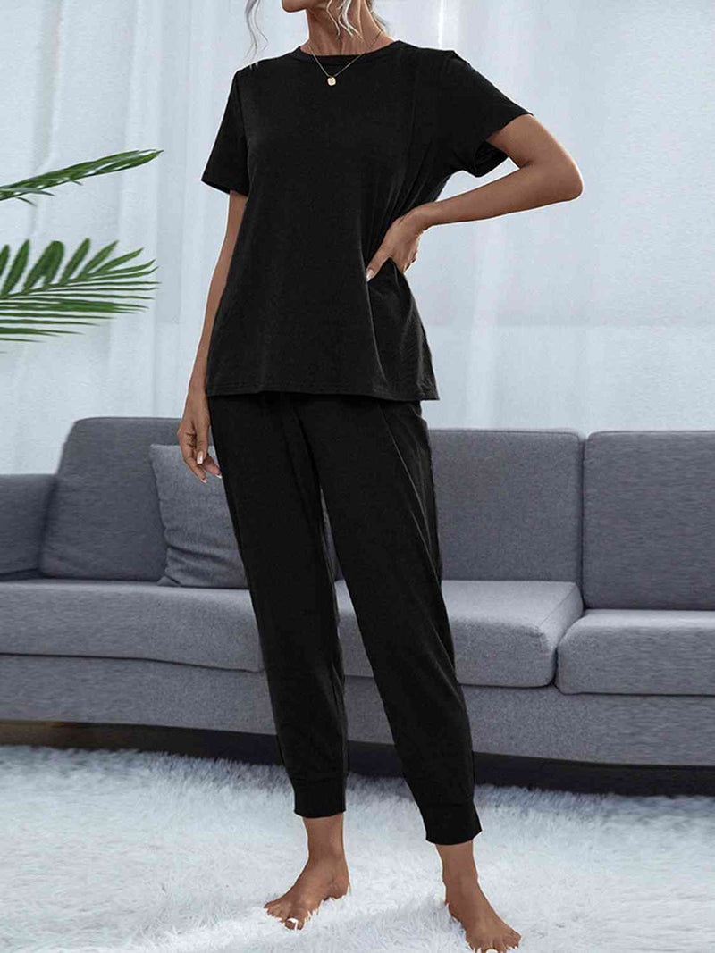 Women's Round Neck Short Sleeve Top and Pants Set