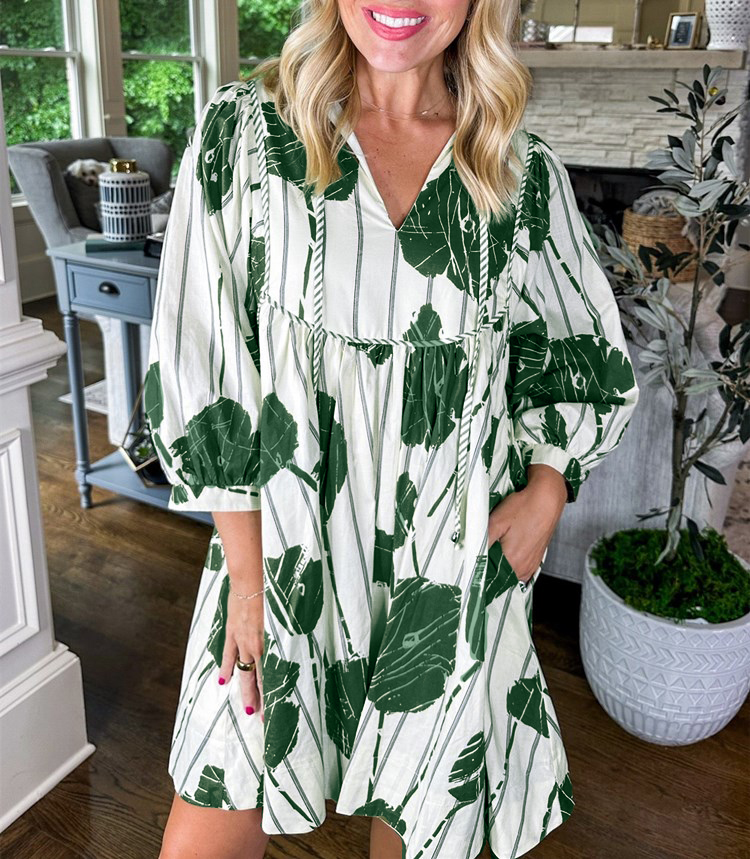 Women's Stripe Print 3/4 Sleeve Mini Dress