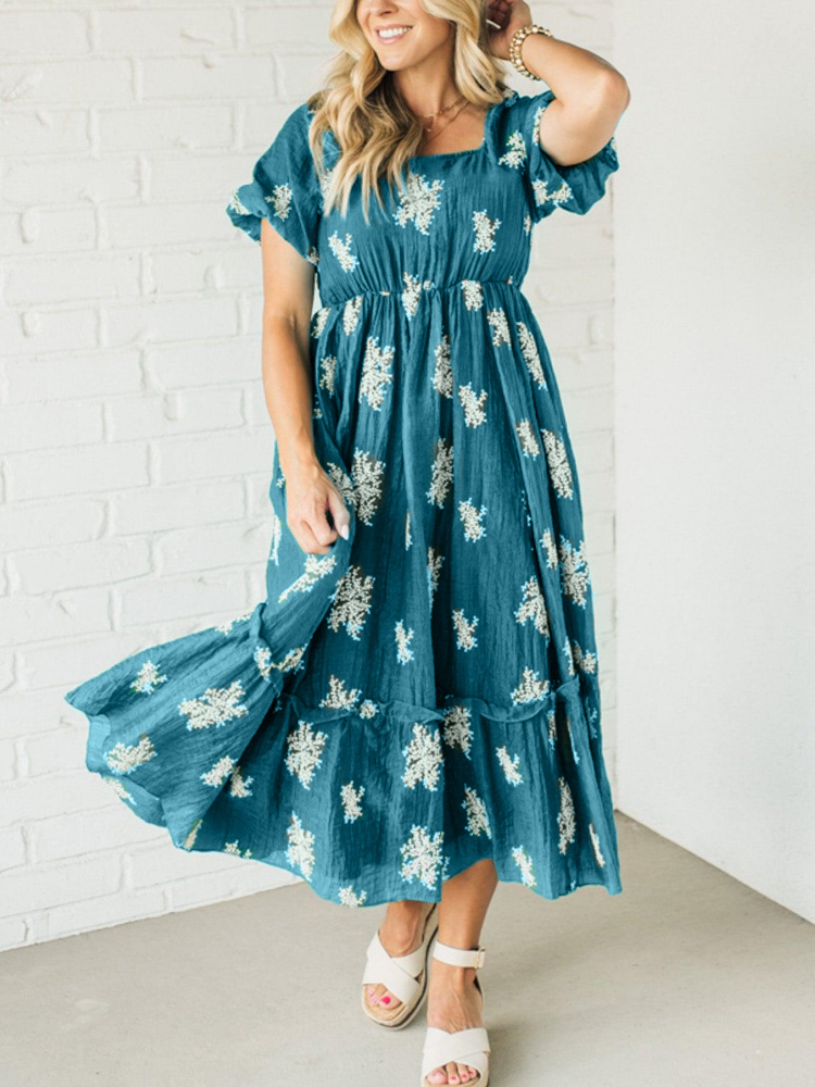 Women's Embroidered Bubble Sleeve Dress