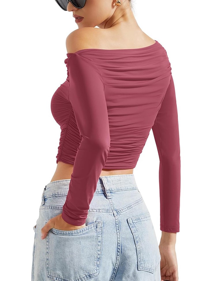 HOT SALE Women's Off Shoulder Ruched Long Sleeve Fitted Crop Tops