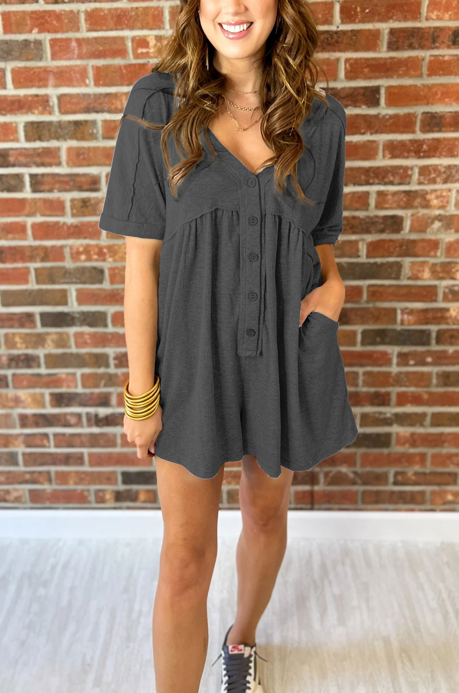 V-Neck Button Romper (Buy 2 Free Shipping)
