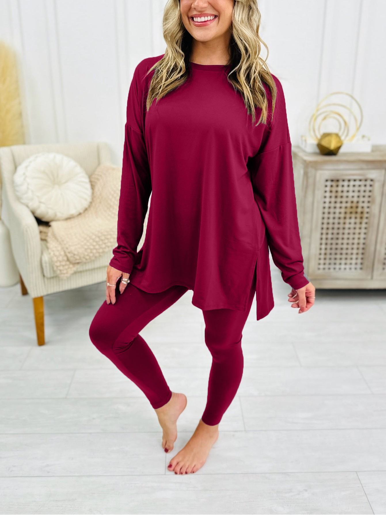 HOT SALE Buttery Soft Microfiber Long Sleeve Side Slit Loungewear Set