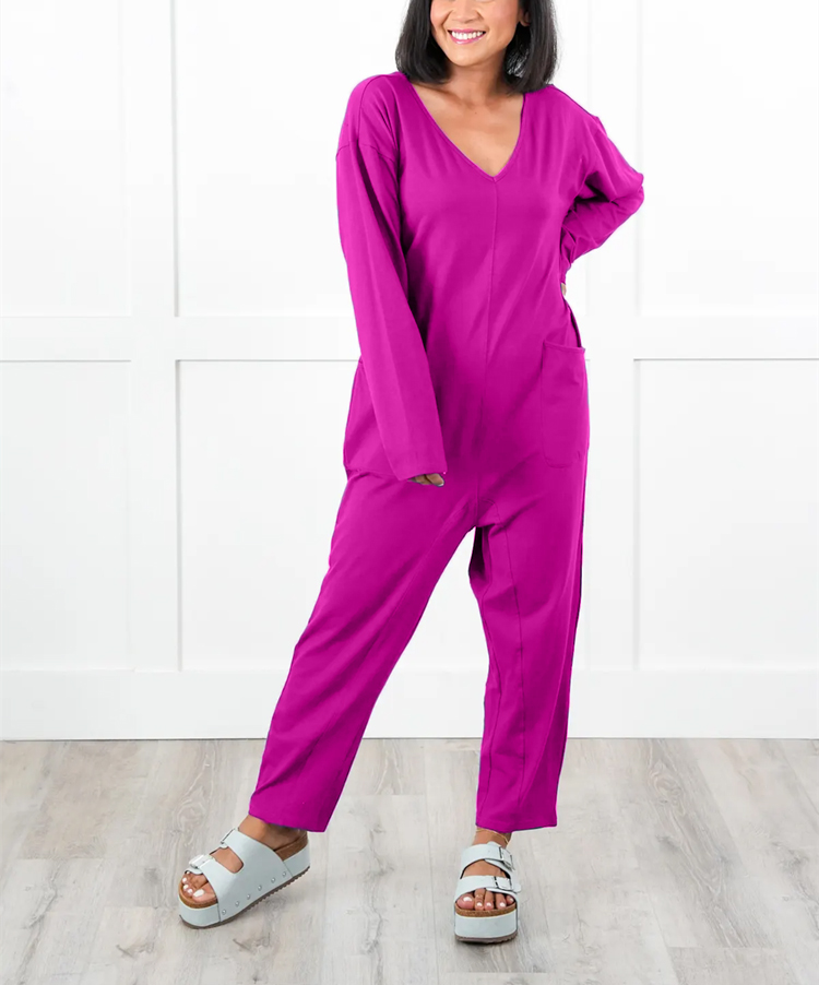 Solid Long Sleeve V Neck Jumpsuit With Patch Pockets (Multiple Colors)