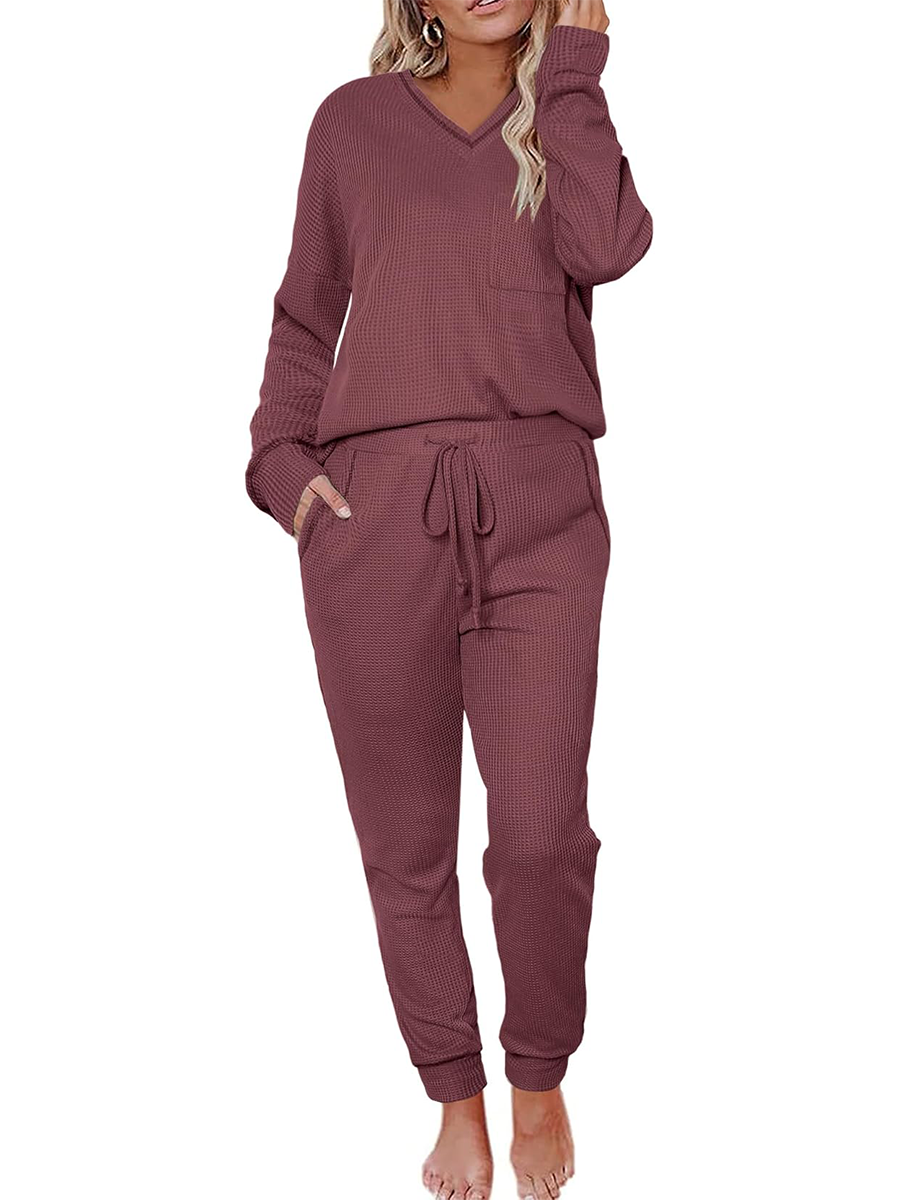 Women's V Neck Waffle Knit Sleepwear Top and Pant Lounge Sets