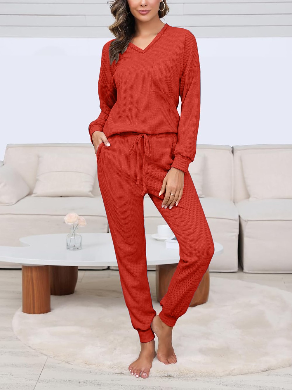 Women's V Neck Waffle Knit Sleepwear Top and Pant Lounge Sets