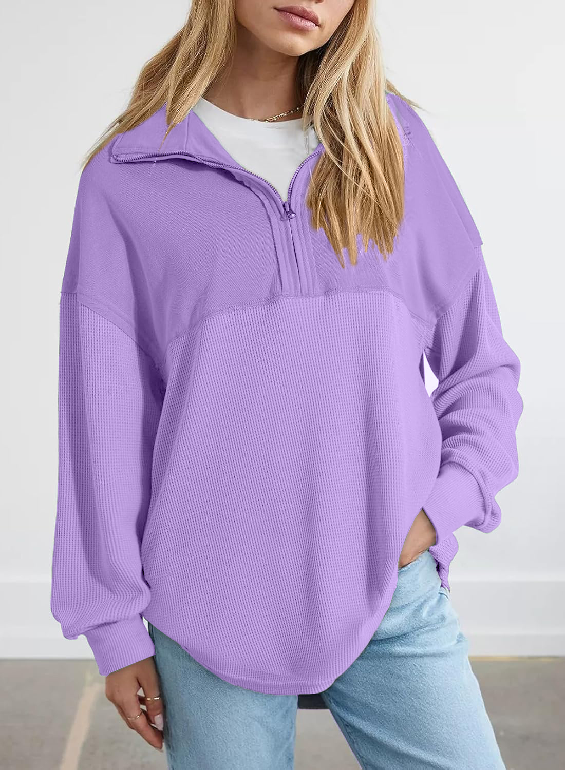 HOT SALE Women's Waffle Knit Half Zip Pullover Casual Sweatshirt