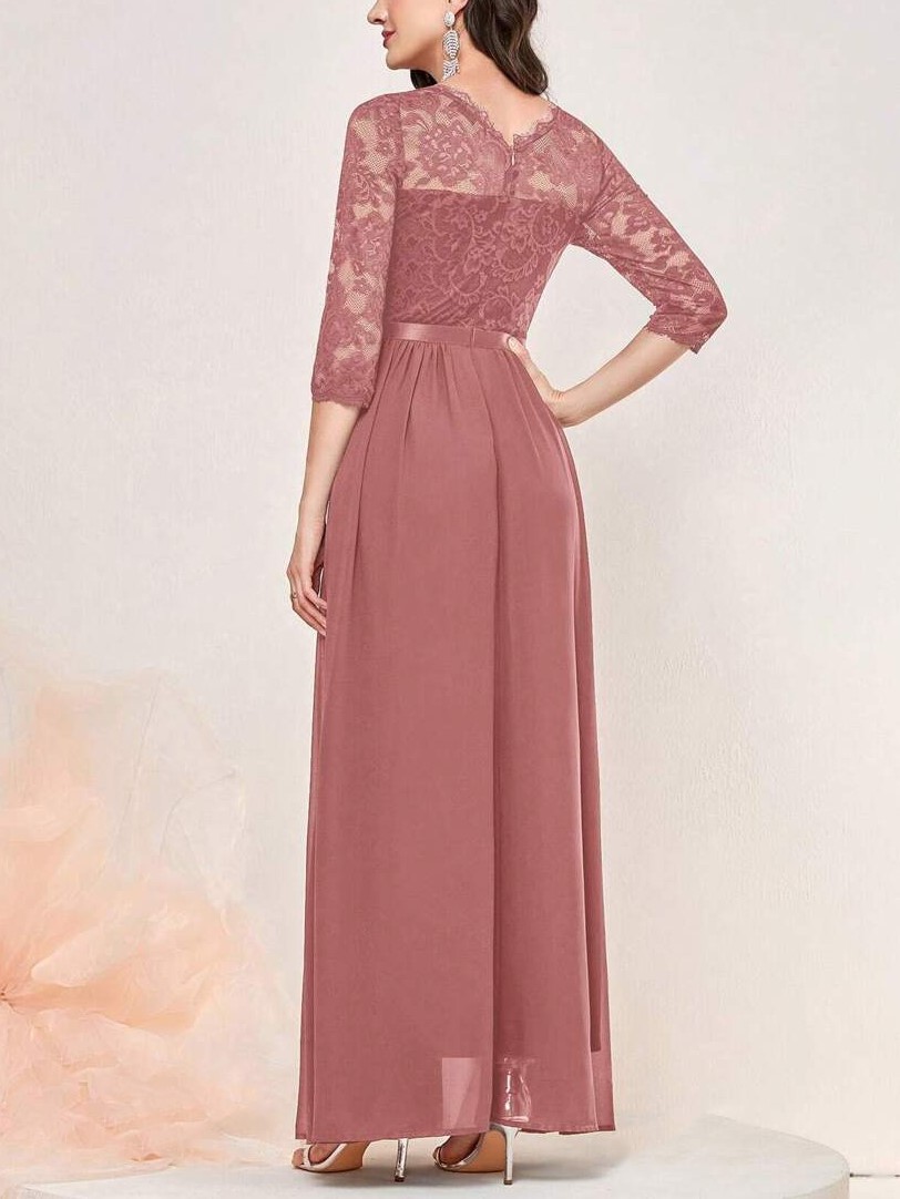 Floral Lace 3/4 Sleeve Bodice Ribbon Pleated Party Maxi Dress