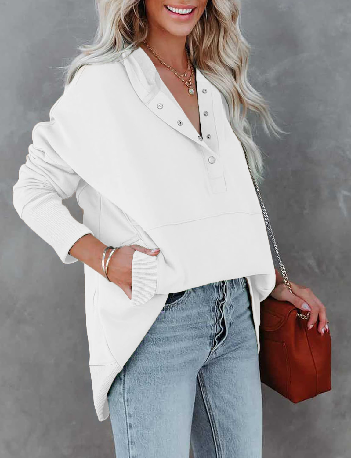 Women's Oversized Button Collar Long Sleeve Sweatshirt With Pocket (BUY 2 FREE SHIPPING)