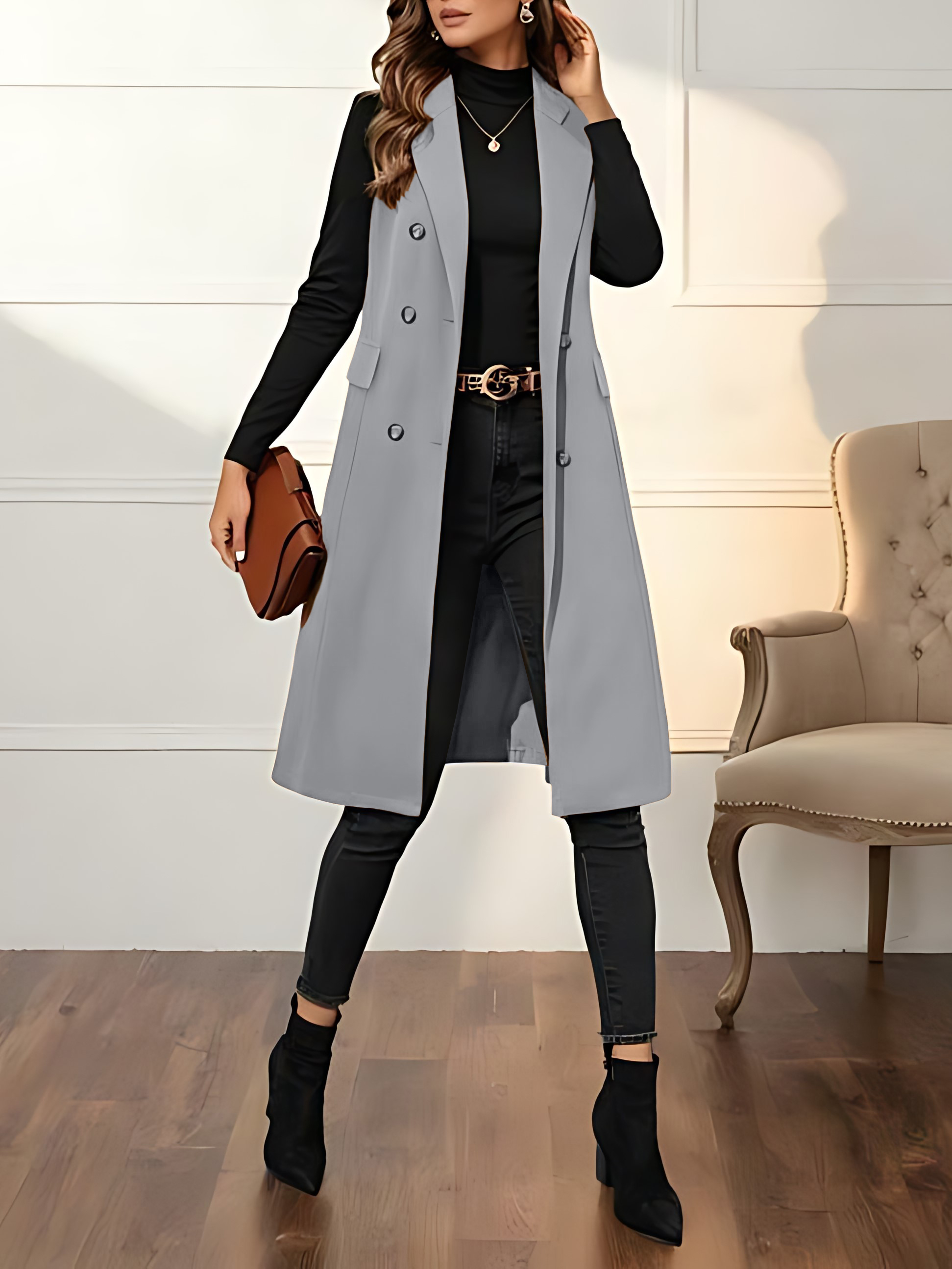 Women's Double Button Lapel Neck Longline Vest Overcoat