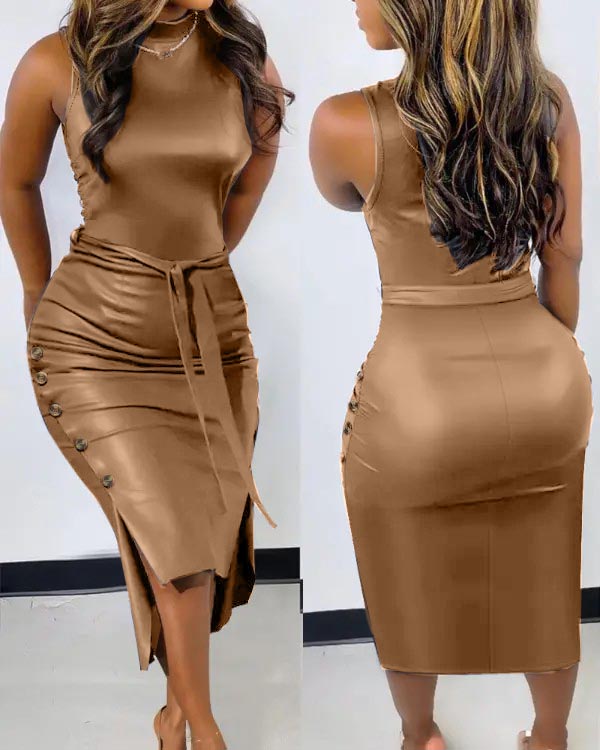 Buttoned Split Hem PU Leather Tie Waist Bodycon Dress