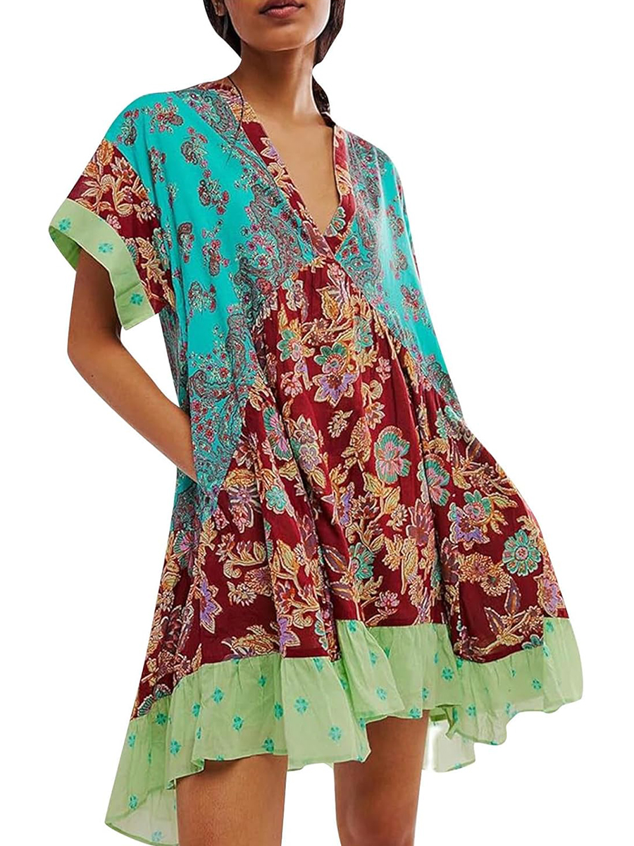 Women's V-Neck Printed Flowing Short Sleeve Mini Dress