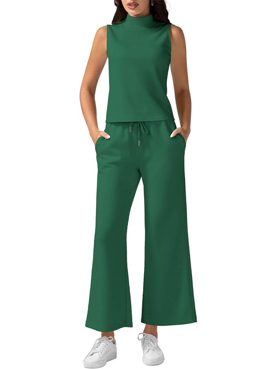 Women's Mock Neck Sleeveless Tank Top & Wide Leg Pants 2 Piece Lounge Sets
