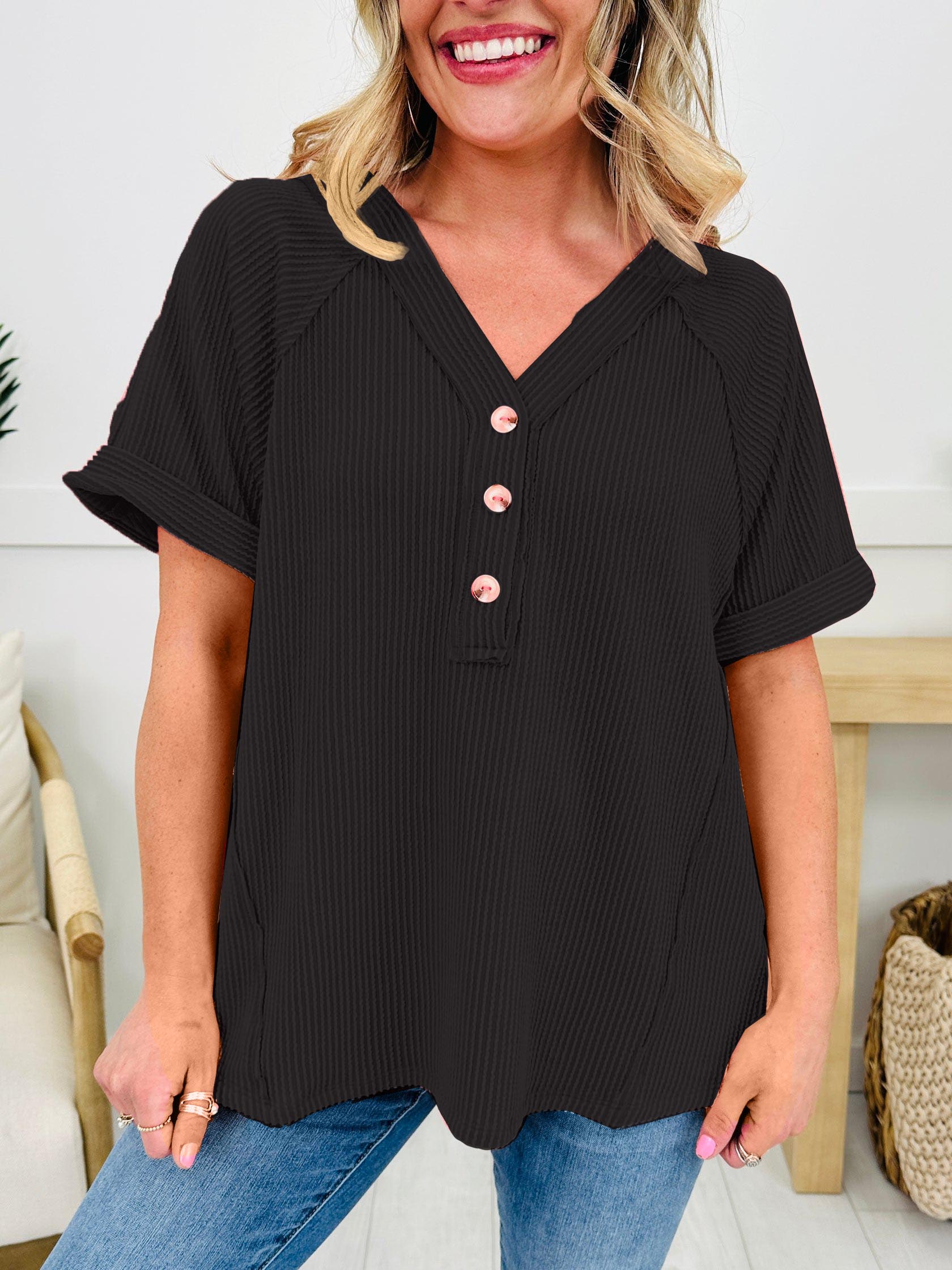 Women's V Neck Ribbed Button Shoort Sleeve Top