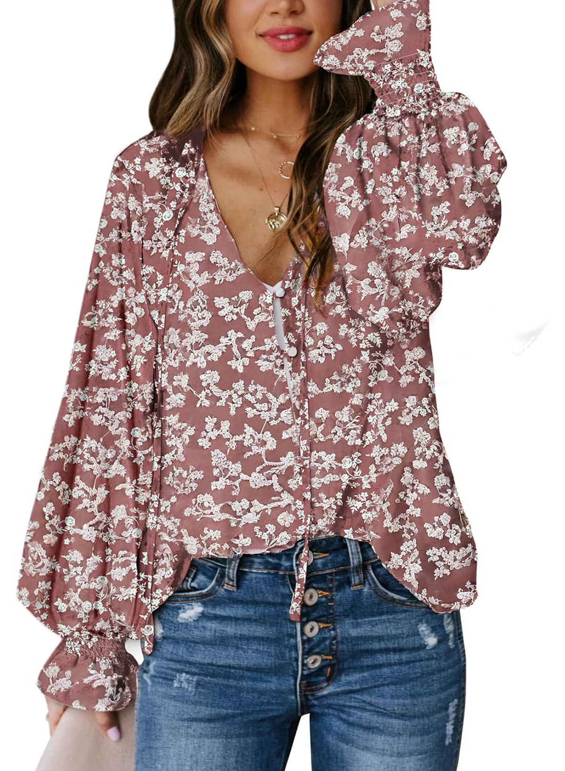 Women's Boho Floral Print V Neck Long Sleeve Drawstring Button Blouses