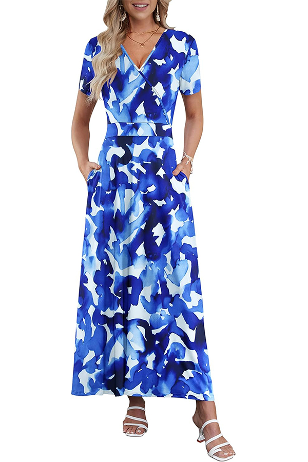 Women's V Neck Floral Print Beach Long Flowy Dress with Pockets