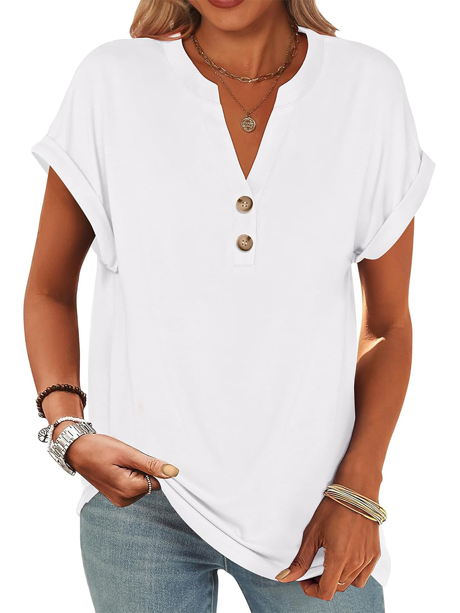 Women's V Neck Button Casual Loose Fit Short Sleeve Shirts Henley Tops