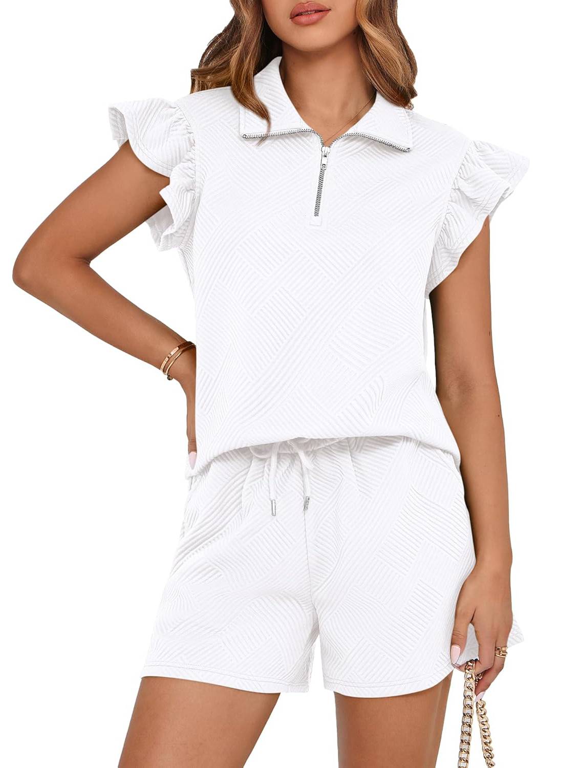 Women's Sweatsuit Zipper V Neck Ruffle Tops and Drawstring Shorts Lounge Sets