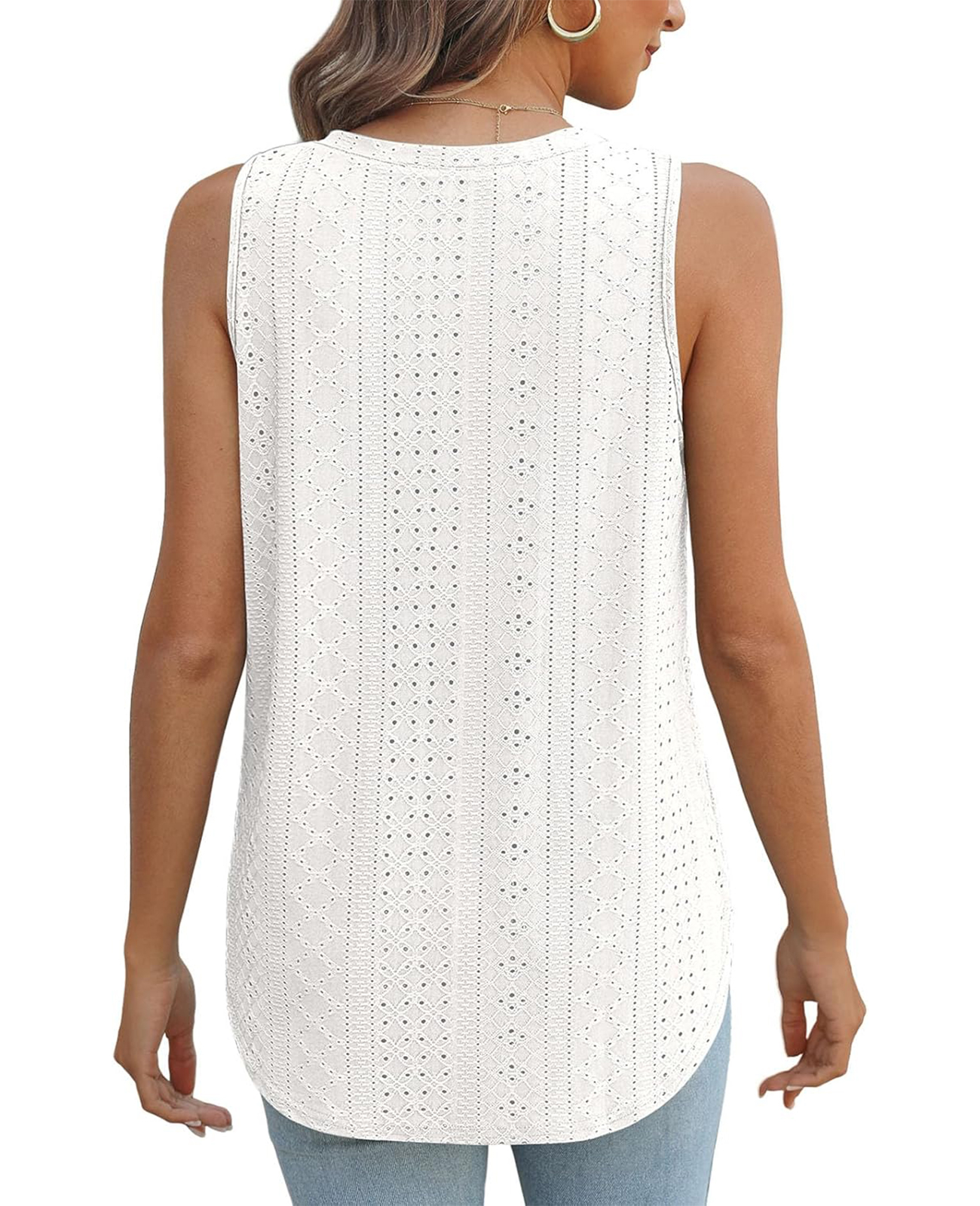 HOT SALE Women's V Neck Eyelet Embroidery Casaul Sleeveless Tank Tops