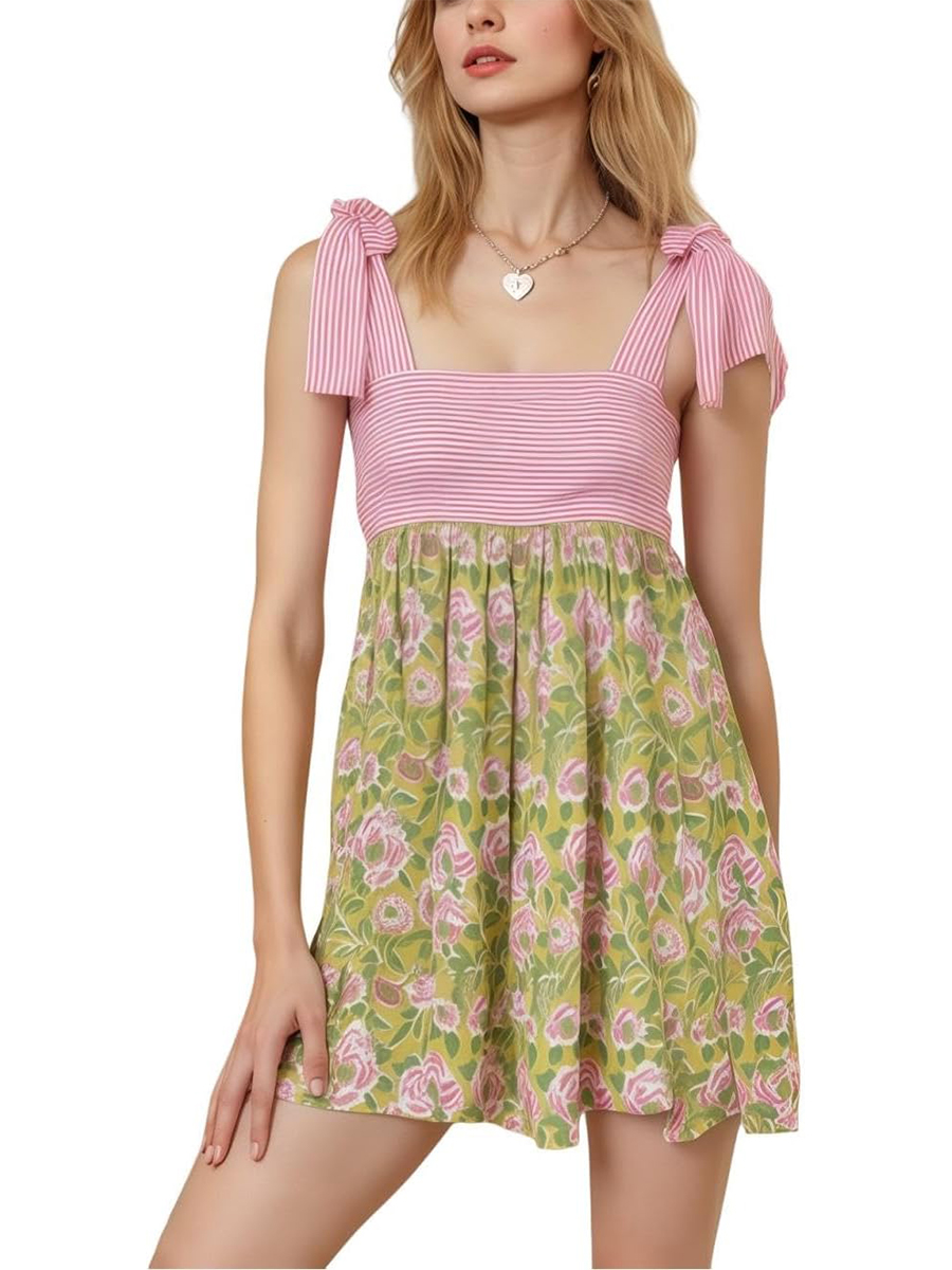 HOT SALE Women's Boho Square Neck Tie Shoulder Sleeveless Floral Mini Dress