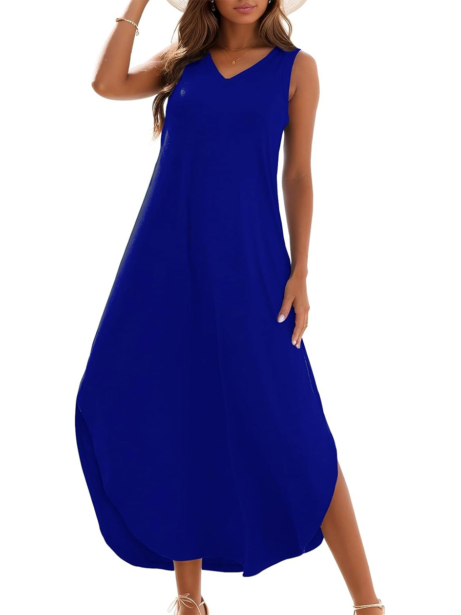Women's Summer Casual Loose Sleeveless V Neck Split Tank Long Dress with Pockets