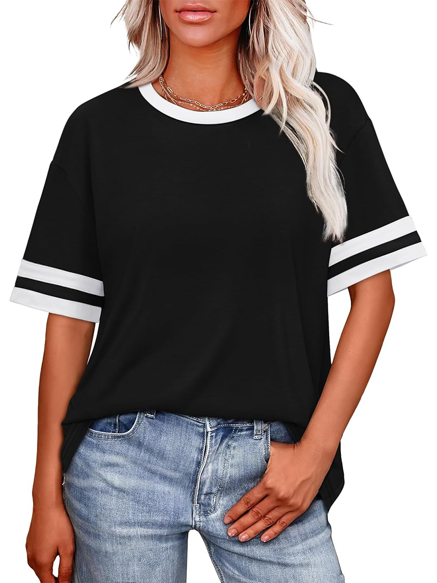 Women's Oversized Crew Neck Colorblock Striped Sleeve T-shirt