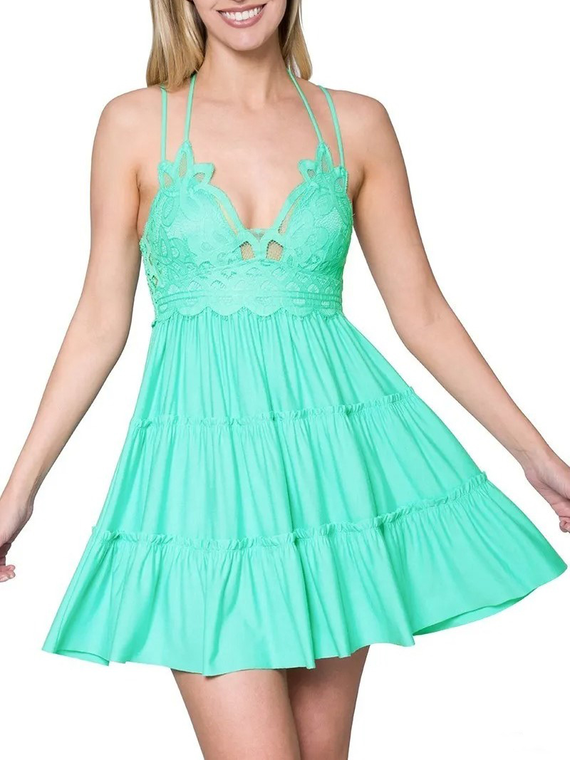 Women's Crochet Lace Ruffle Cami Tiered Ruffle Dress with Pads