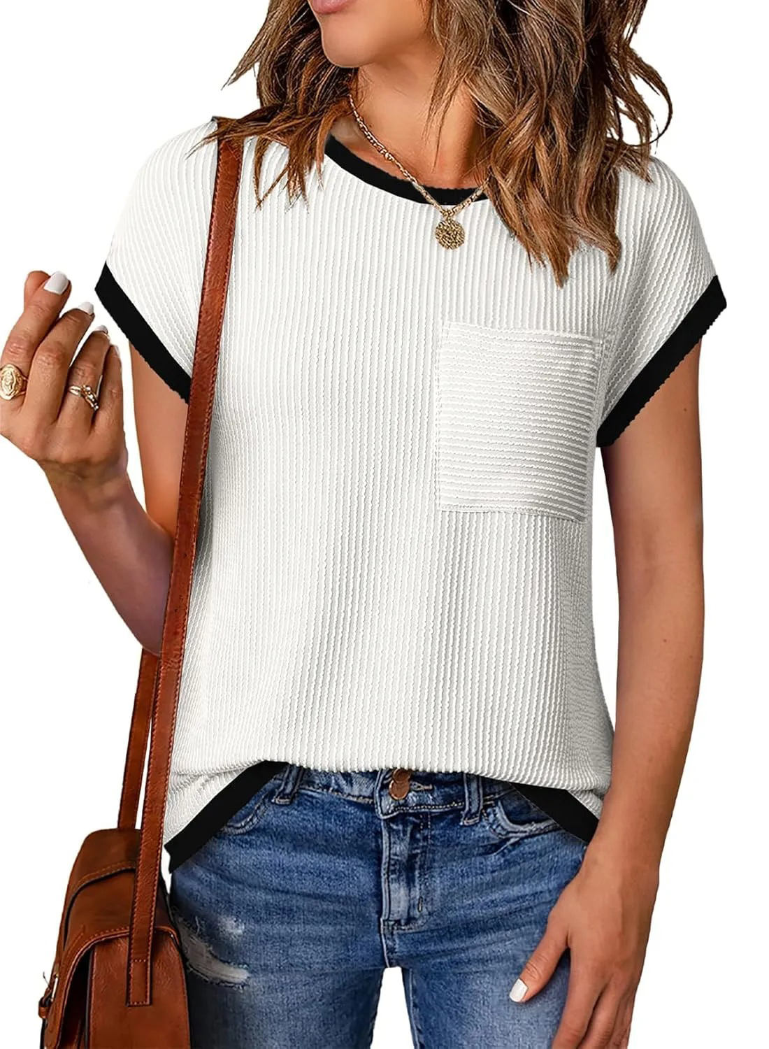 HOT SALE Women's Short Sleeve T Shirts Crewneck Color Block Ribbed Knit Tee