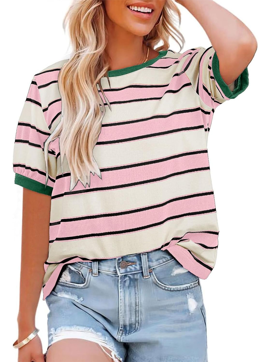 HOT SALE Women's Striped Color Block Short Sleeve T-Shirts Casual Loose Basic Tee