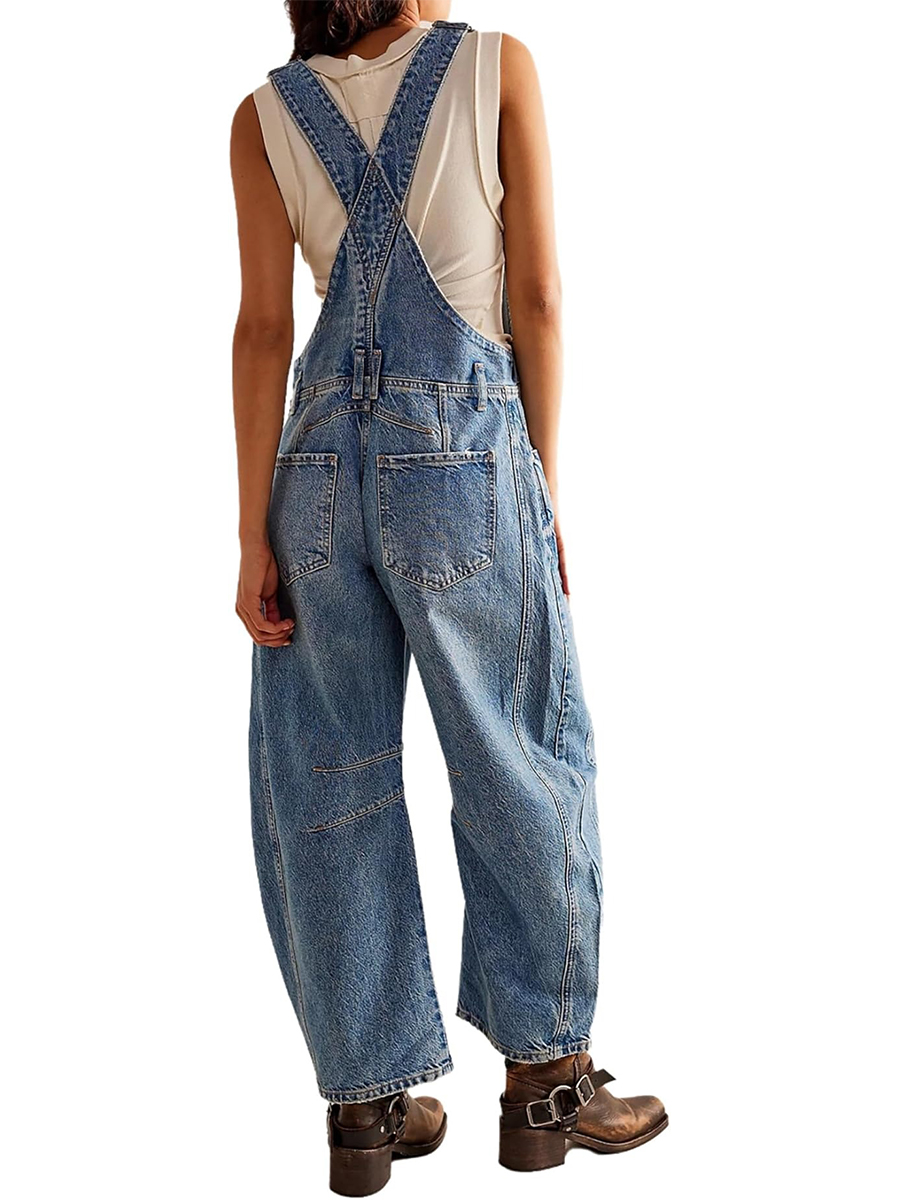 HOT SALE Women's Denim Bib Overalls Barrel Leg Adjustable Strap