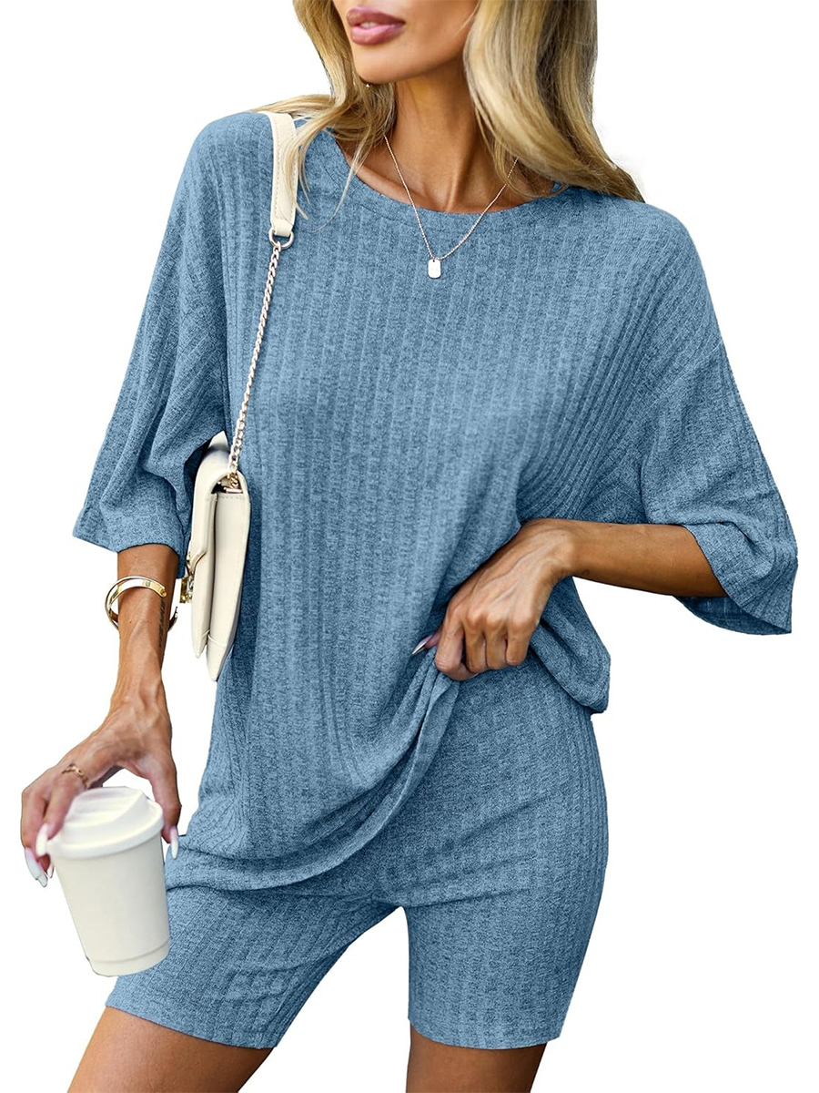 HOT SALE Women's 2 Piece Outfits Ribbed Short Sleeve Drop Shoulder Tee and Shorts Set