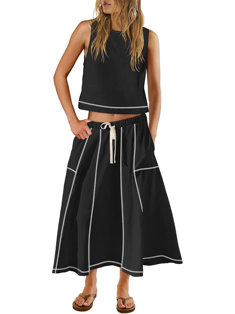 Women's Casual Seam Tank Top and Drawsting Pockets Skirt 2 Piece Set