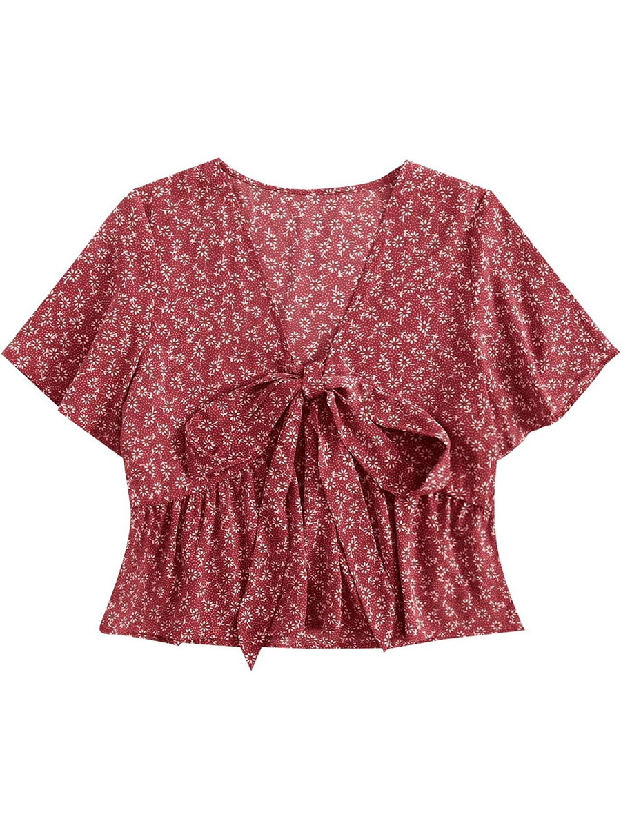 Women's Floral Print V Neck Tie Knot Ruffle Hem Short Sleeve Top