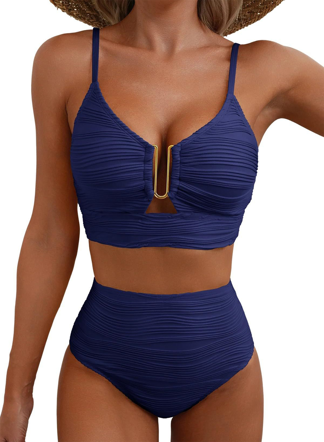 Women's U-Wire Cutout Swimsuit High Waisted Textured 2 Piece Bikini Set 