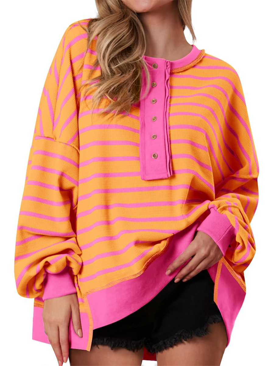 Women's Striped Oversized Sweatshirt Button Up Henley Neck Waffle Knit Pullover