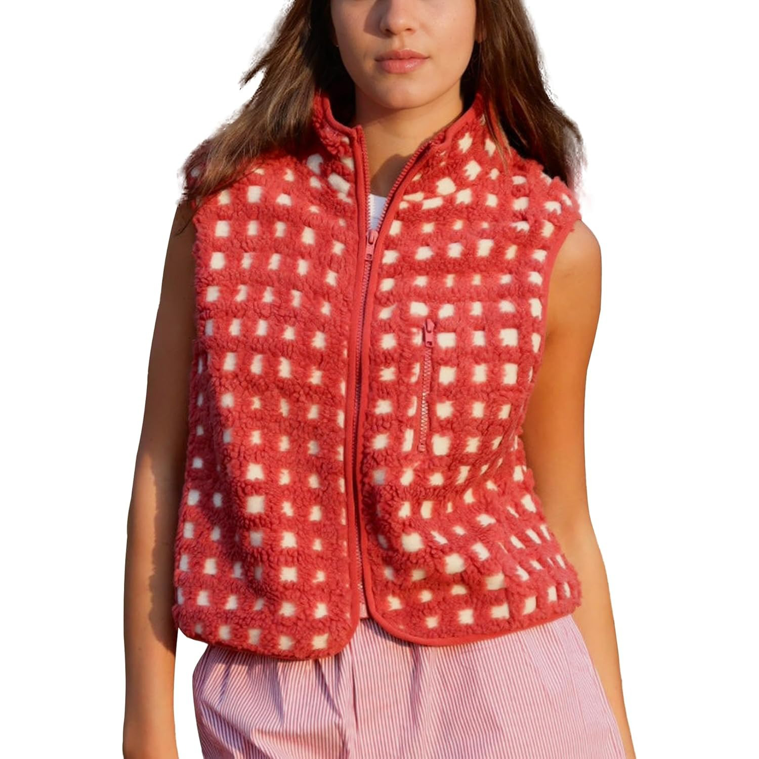 Women's Trendy Plaid High Neck Sherpa Zipper Vest Fleece Jacket