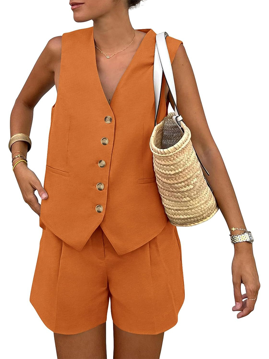 Women's Sleeveless Matching Sets Button Down V Neck Vest Waistcoat and Pockets Shorts