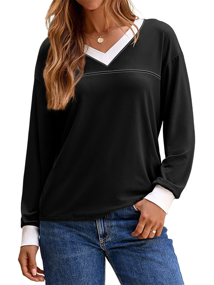 HOT SALE Women's Long Sleeve Casual Soft V Neck Oversized T Shirts
