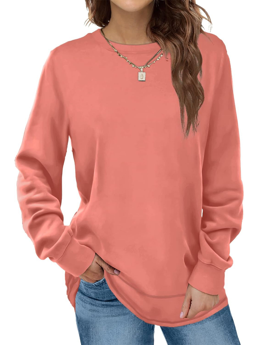 HOT SALE Women's Crewneck Long Sleeve Sweatshirt Curved Hem Tunic Tops