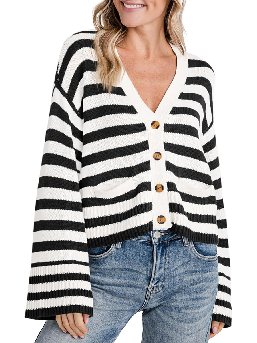 Women's Striped Cropped Button Open Front Long Sleeve Knit Cardigan Sweater