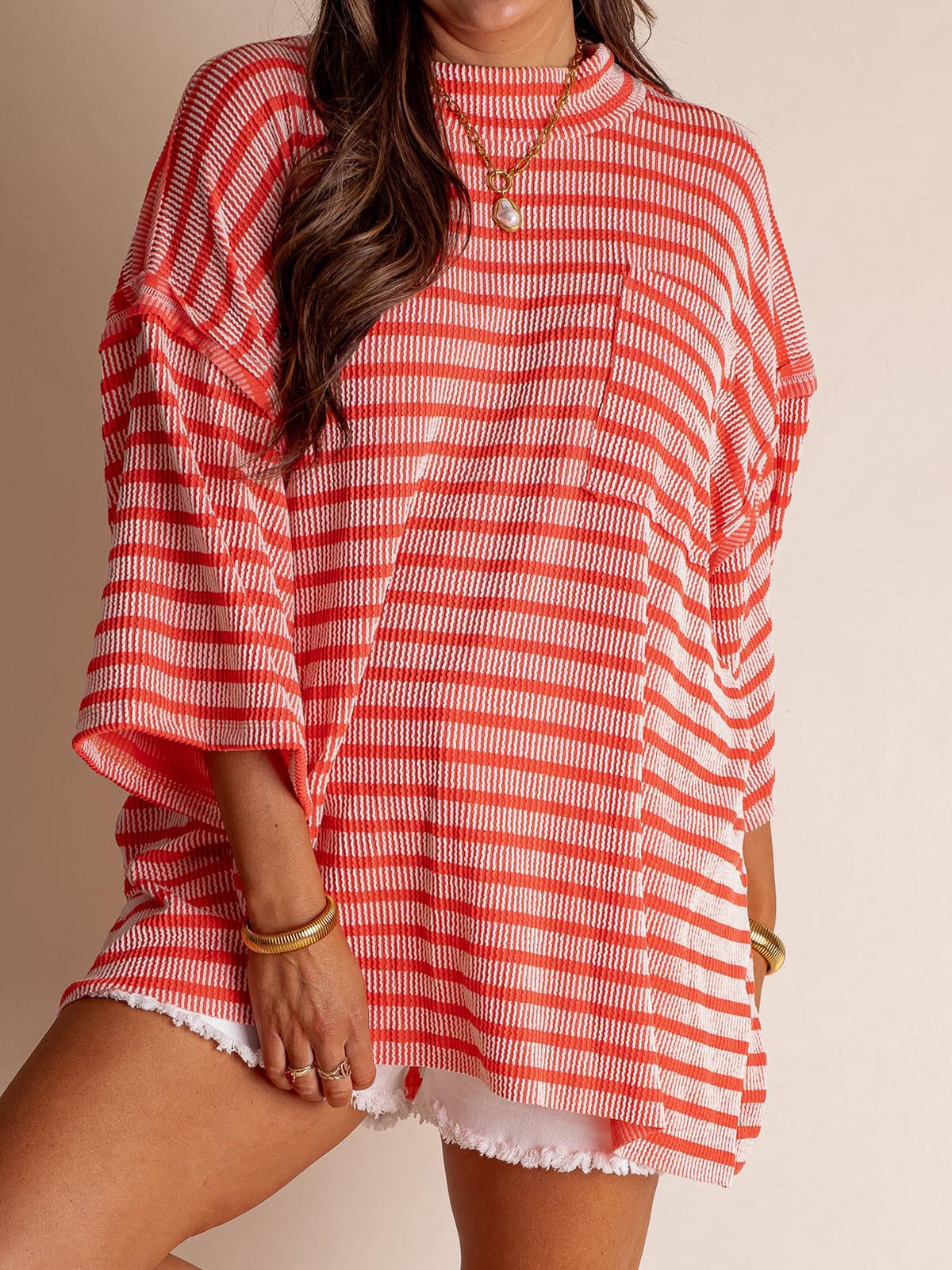 Only Go Forwards Oversized Striped Top Ribbed Short Sleeves