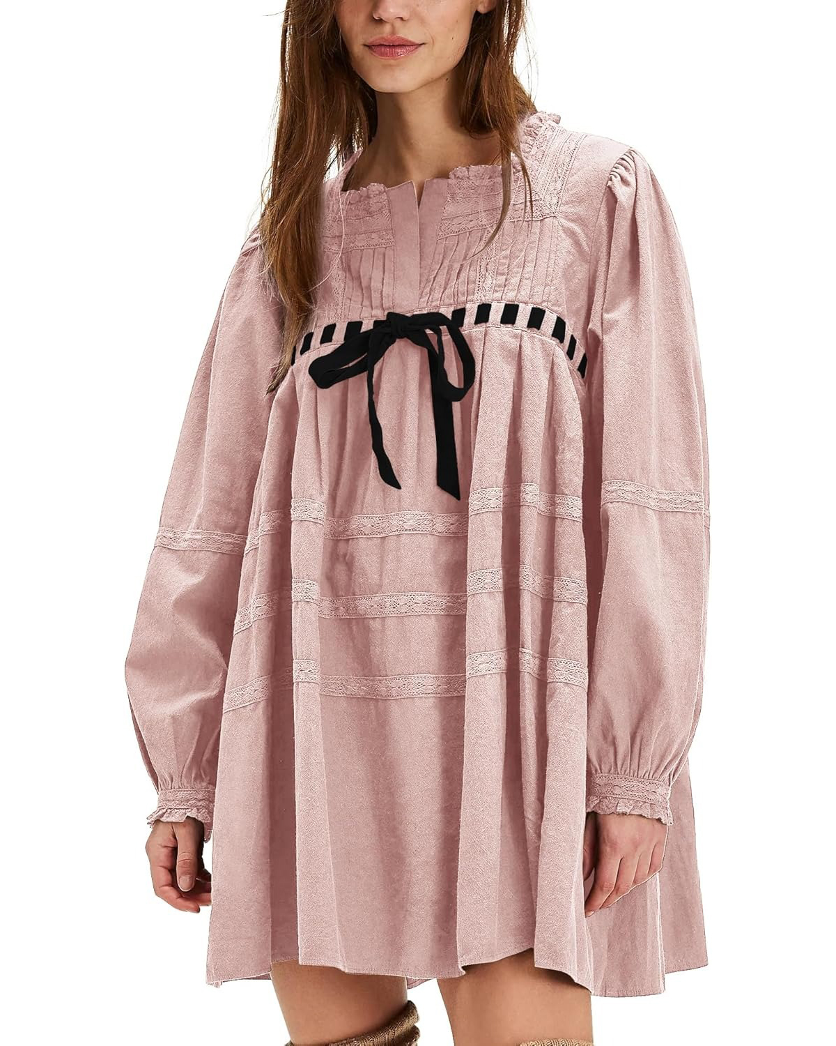 Women's Square Neck Tie Front Long Sleeve Lace Trim Mini Dress