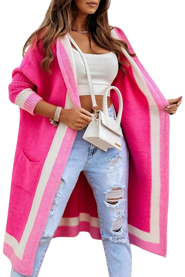 HOT SALE Women's Color Block Striped Open Front Hooded Long Cardigan