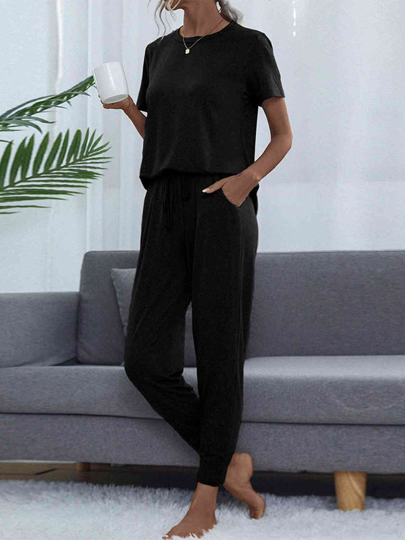 Women's Round Neck Short Sleeve Top and Pants Set